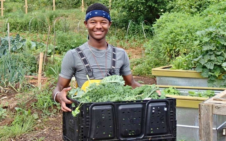 A person smiles at the camera while carrying a box filled with vegetables. A garden is in the background.